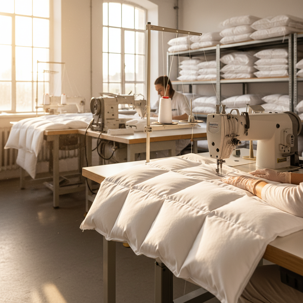 Handwerkerin näht Premium-Bettdecke in deutscher Manufaktur - Made in Germany
