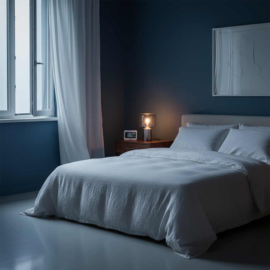 Schlafzimmer mit Thermometer auf Nachttisch - optimale Schlaftemperatur 18 Grad