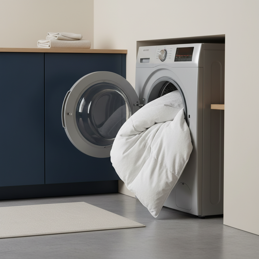 Premium Bettdecke wird in Waschmaschine gelegt - Anleitung zum Bettdecke waschen