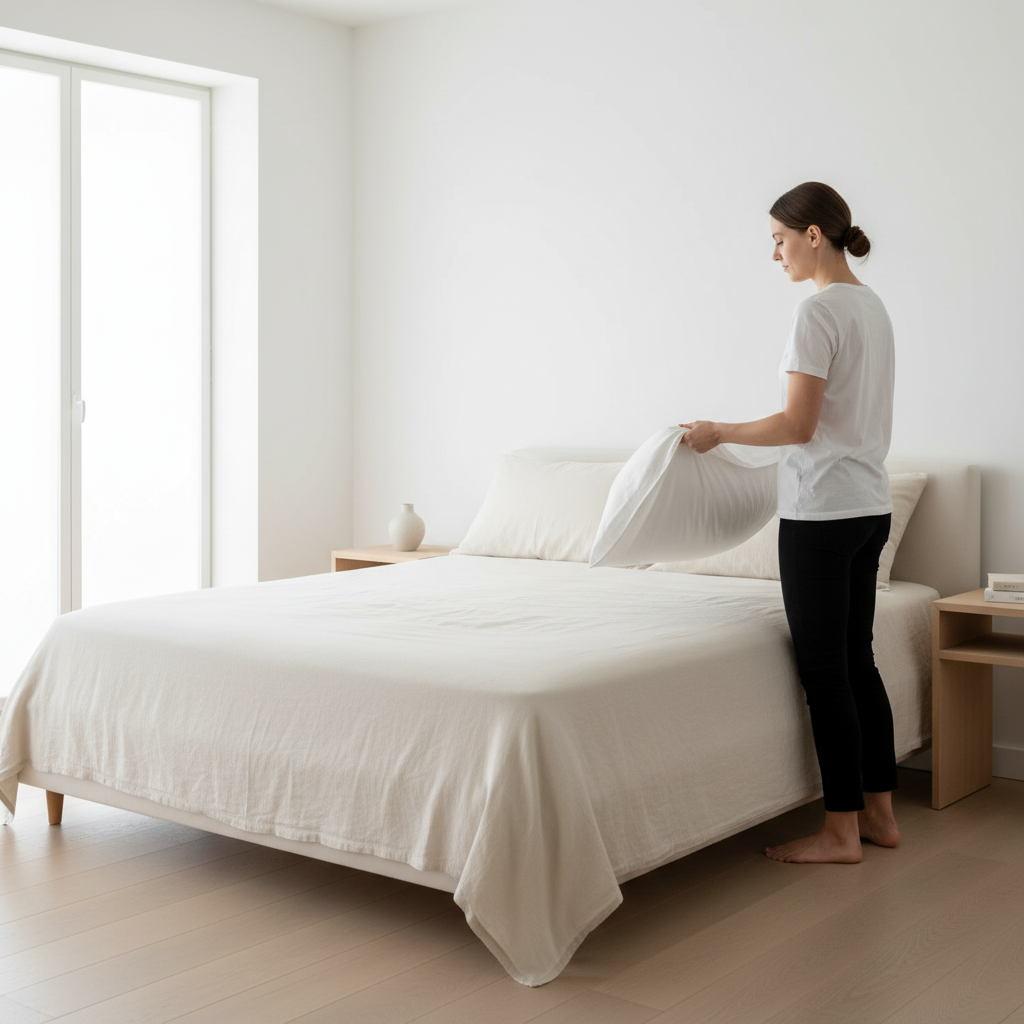 Frau wechselt Kissenbezug auf Premium-Bett - Kissen für Sommer und Winter
