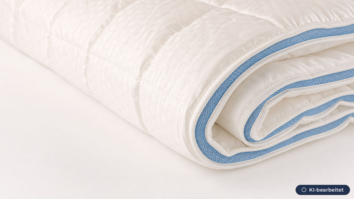Detailaufnahme der Wabensteppung und hellblauen Paspel der VIGILLES AURA Bettdecke
