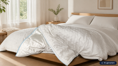 VIGILLES AURA Bettdecke drapiert auf einem gemachten Bett im hellen, hellen Schlafzimmer